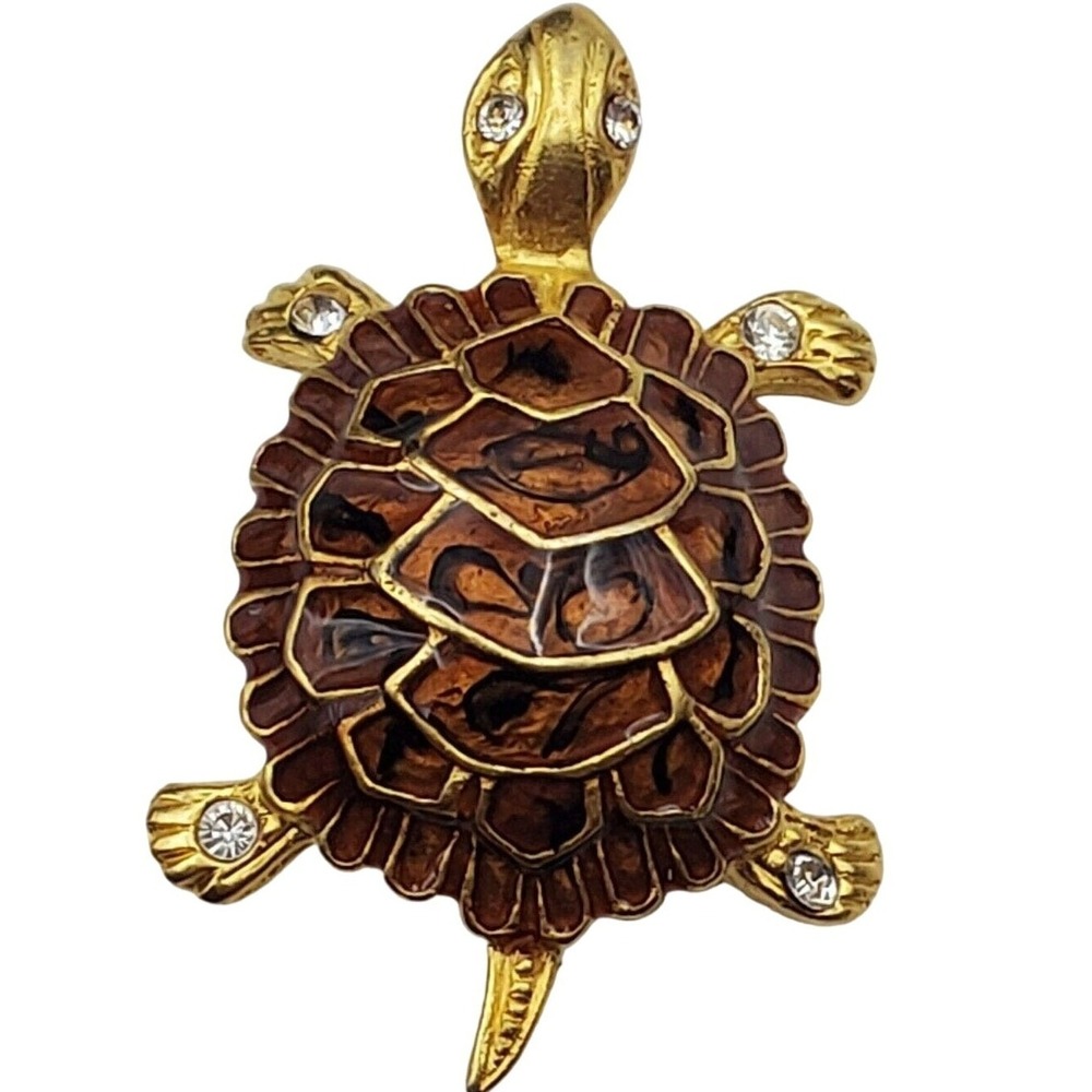 Premier Designs Turtle Brooch Brown Enamel Gold Tone Tortoise Nature Pin Vintage
